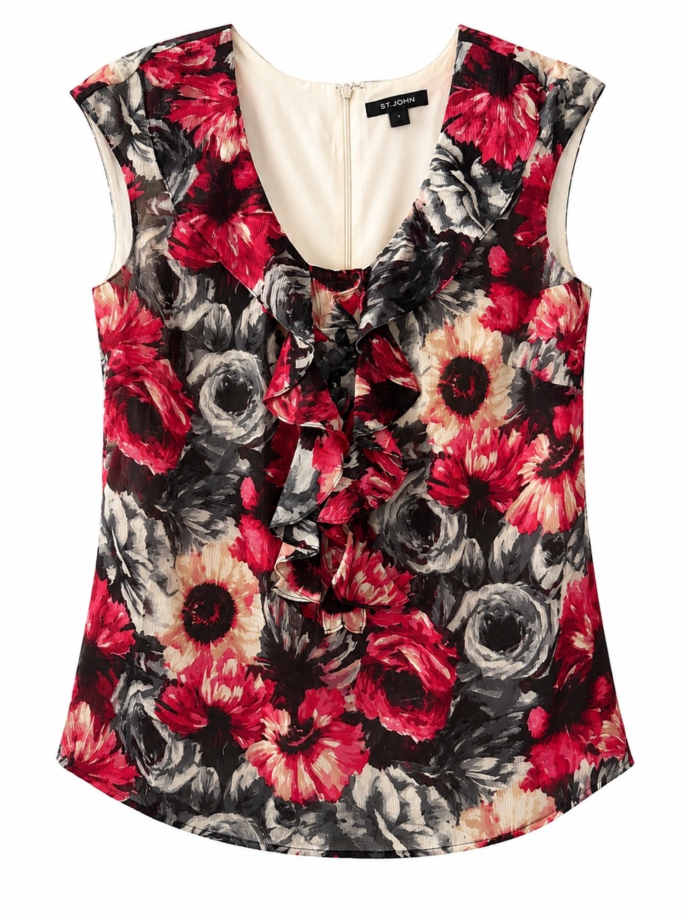 St. John Red, Black & Cream Floral Ruffle Camisole